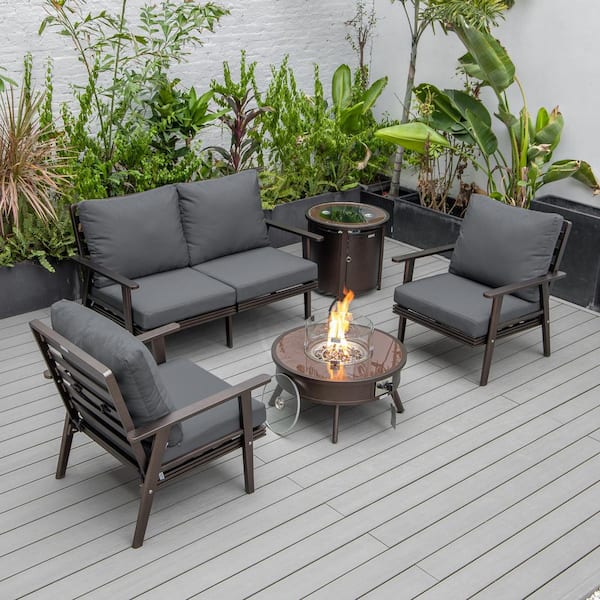 Leisuremod Walbrooke Brown 5-Piece Aluminum Round Patio Fire Pit Set with Charcoal Cushions and Tank Holder