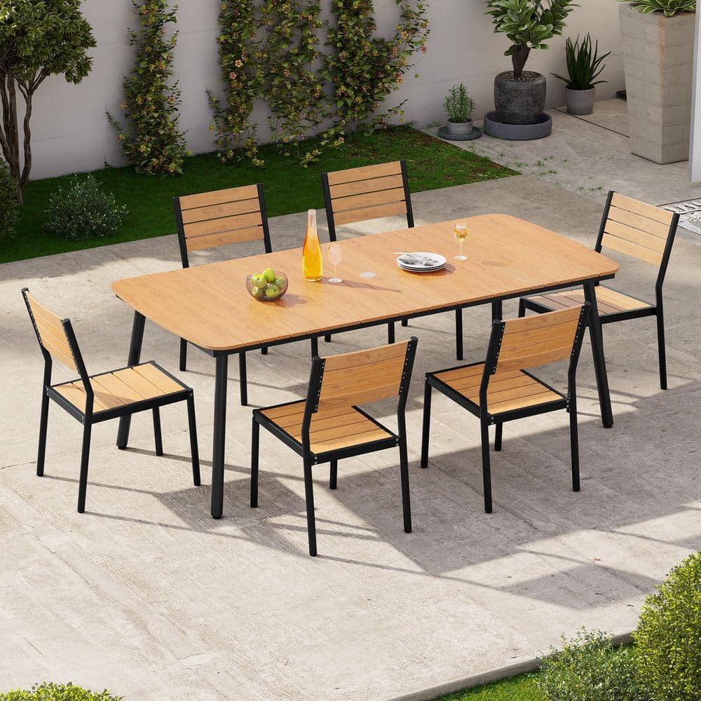 Brown 7-Piece Aluminum Rectangular 81.5 in. Table Outdoor Dining Set with Umbrella Hole