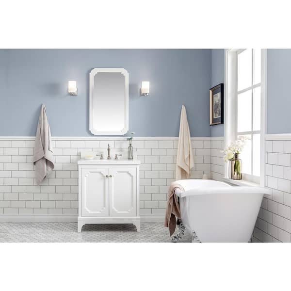 Water Creation Queen 30 in. Bath Vanity in Pure White with Quartz Carrara Vanity Top with Ceramics White Basins and Mirror and Faucet