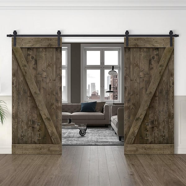 Z Series 42 in. x 84 in. Dark Coffee Stained Solid Knotty Pine Wood Interior Sliding Barn Door with Hardware Kit Z Series 42 in. x 84 in. Dark Coffee Stained Solid Knotty Pine Wood Interior Sliding Barn Door with Hardware Kit