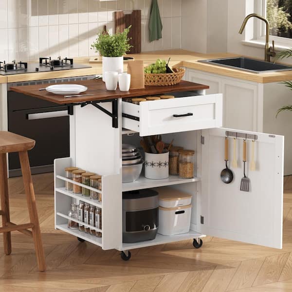 White Wood 39.3 in. Rolling Kitchen Island with Drop Leaf, 4 Wheels, Drawer, Towel Rack