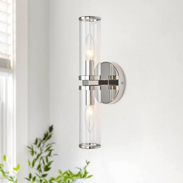 Henveton Wigston 4.72 in. 2-Light Brushed Nickel Wall Sconce with Clear Cylinder Glass Shade Modern Wall Light Fixture