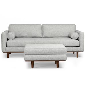 Morrison Mid-Century Modern 89 in. Wide Sofa with Ottoman Set in Mist Grey Woven-Blend Fabric