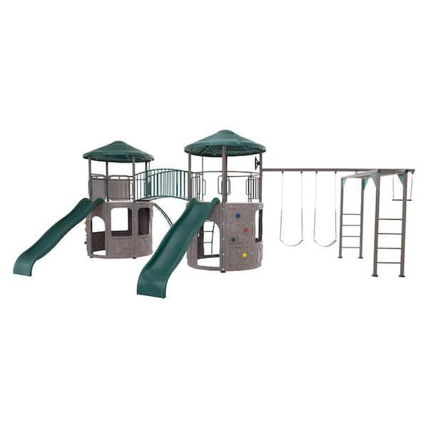 Double Adventure Steel Tower Outdoor Playset with Monkey Bars