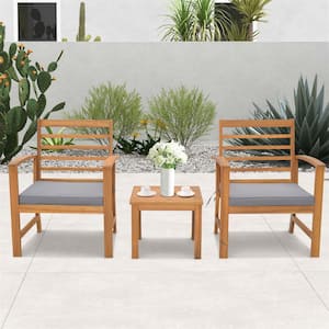 4-Piece Patio Wood Conversation Set with Soft Seat and Gray Cushions