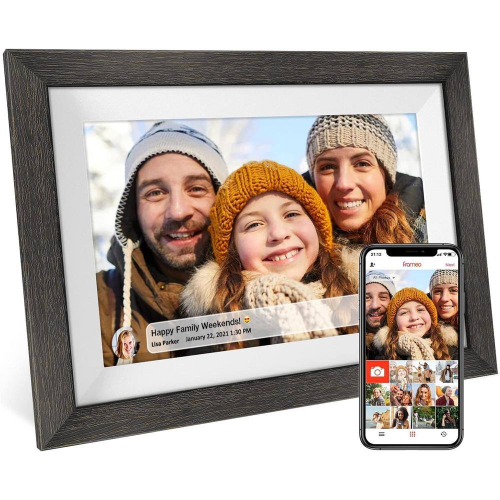 10.1 in. Wood Digital Picture Frame with Wifi and Touch Screen Auto-Rotate Easy Setup to use Free Share Photos and Video