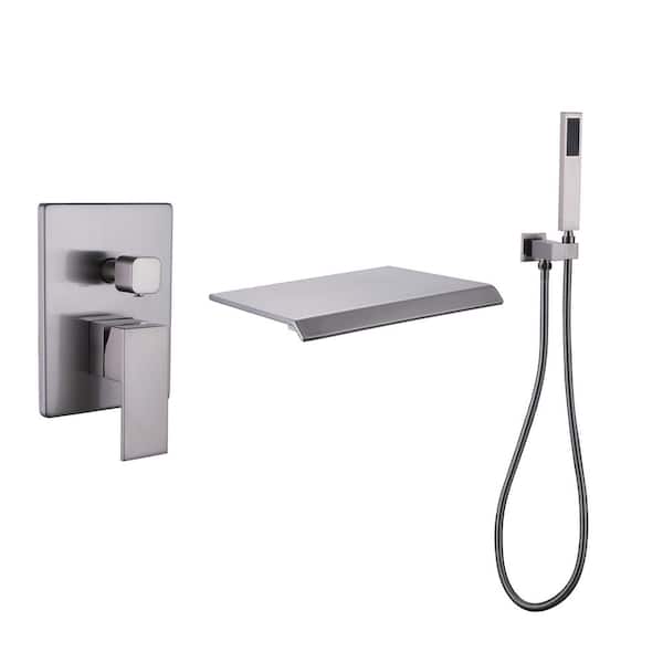 WELLFOR Single-Handle Wall Mount Roman Tub Faucet with Hand Shower and Waterfall Spout in Brushed Nickel (Valve Included)