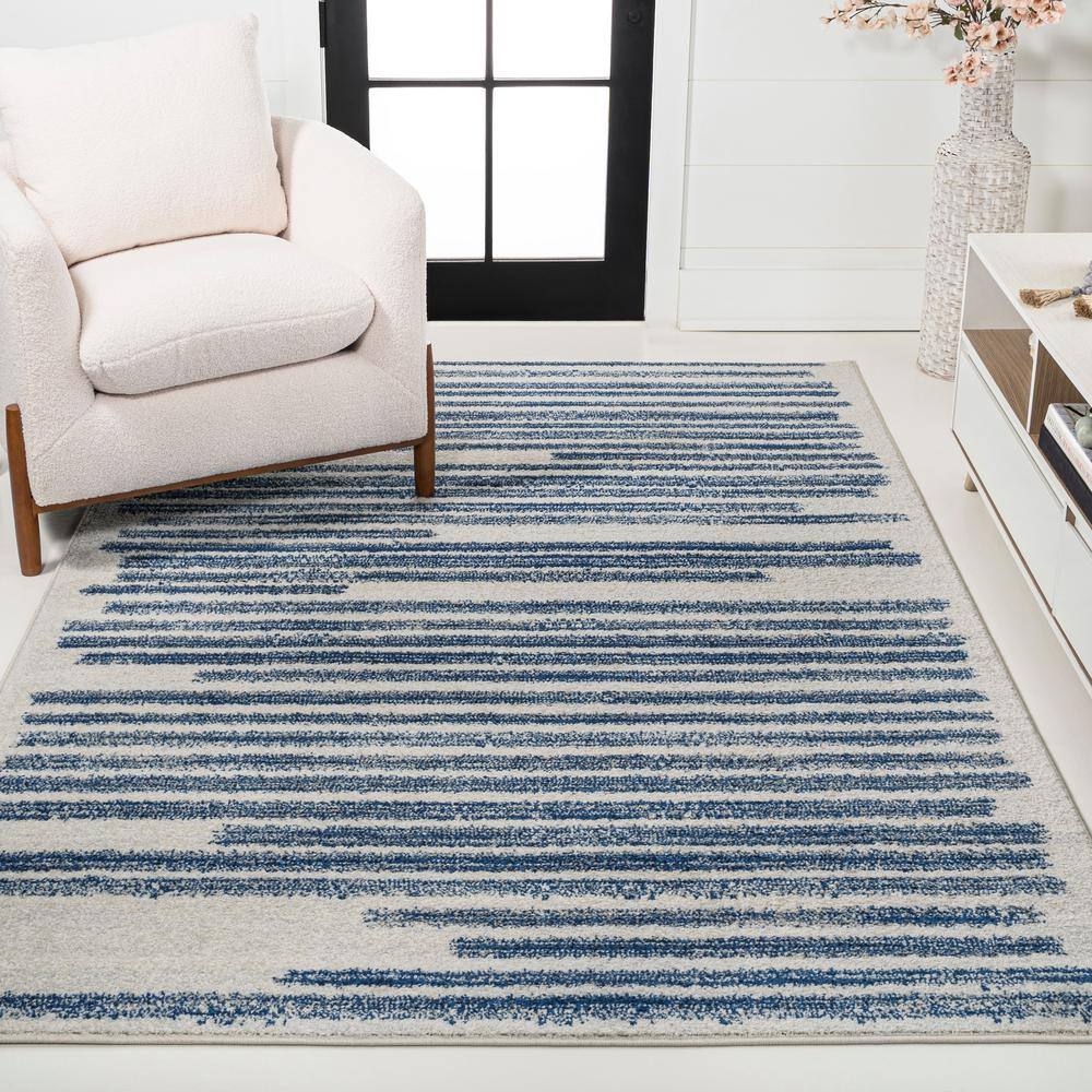 Khalil Cream and Navy Striped Synthetic Area Rug 5'3" x 7'7"