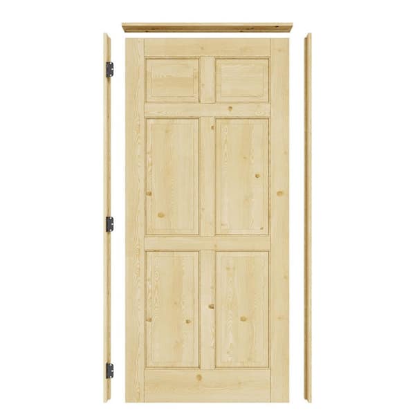 36 in. x 80 in. 6-Panel Right Solid Core Unfinished Pine Wood Single Interior Door with Quick Assemble Jamb