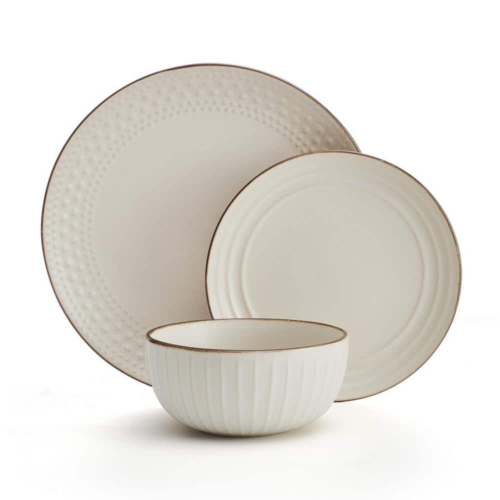 Beige Ceramic 12-Piece Dinnerware Set with Beaded Design