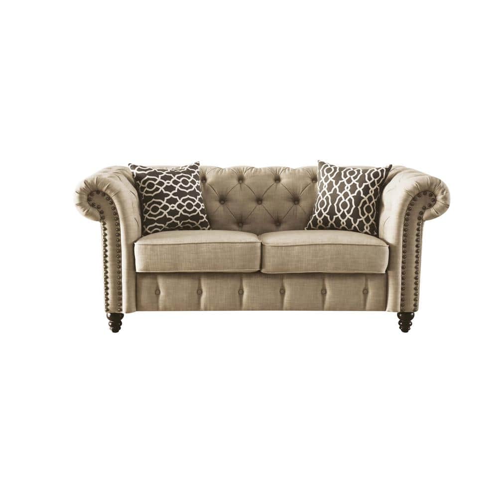 Beige Linen Tufted Loveseat with Nailhead Trim