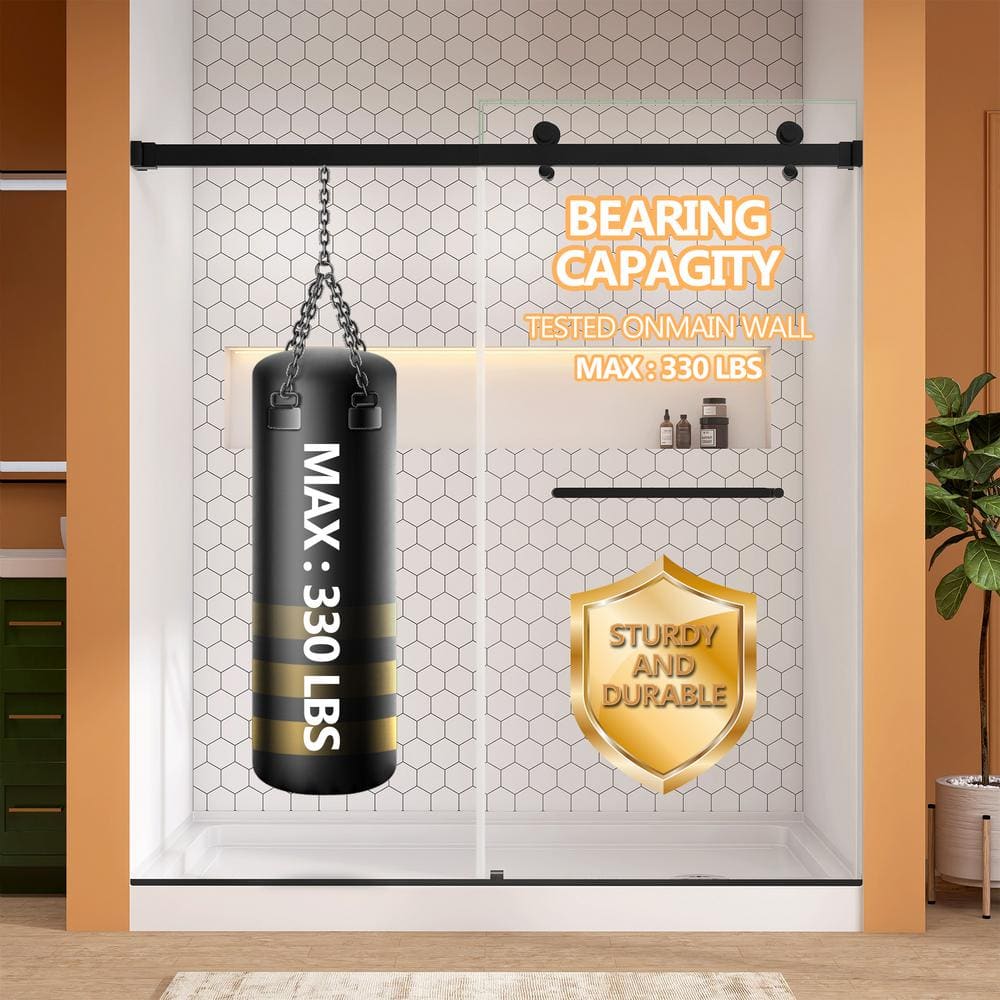 60-Inch Matte Black Frameless Sliding Shower Door with Clear Glass
