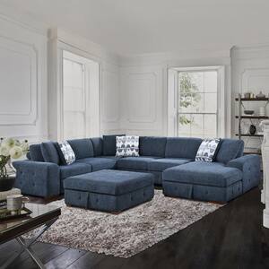 Laconia 143 in. Straight Arm 5-Piece Chenille Sectional Sofa in Blue with Right Chaise and Storage Ottoman