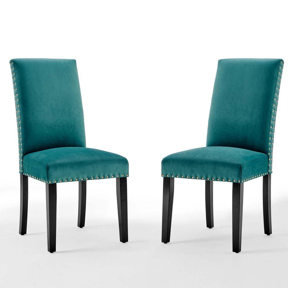 Teal Velvet Upholstered Parsons Side Chair with Wood Legs