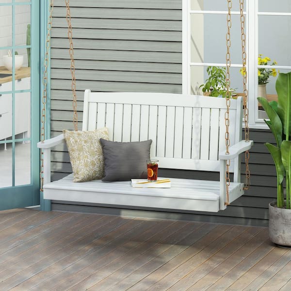 White 48 in. 2-Person Acacia Wood Outdoor Porch Swing with 8 ft. Chains Support 600 lbs.