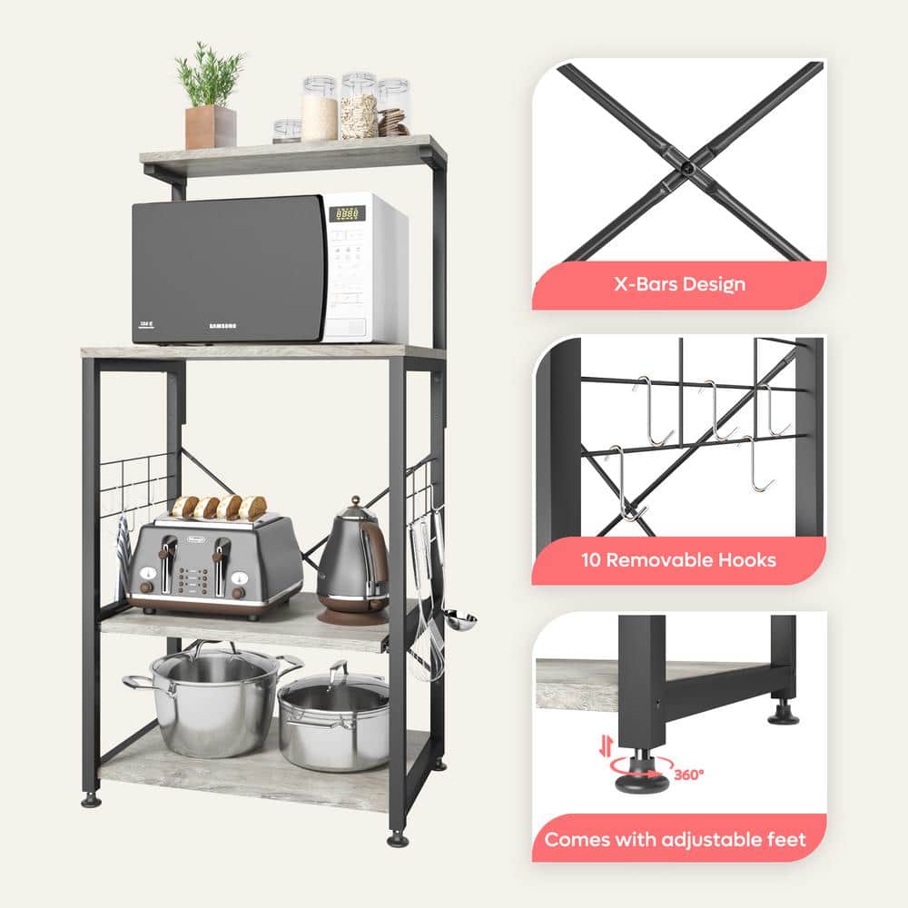 Vintage Light Grey 4-Tier Kitchen Bakers Rack with Wheels