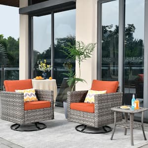 Tahoe Grey 3-Piece Wicker Outdoor Patio Conversation Swivel Rocking Chair Set with a Side Table and Orange Red Cushions