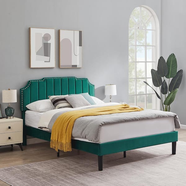 VECELO Upholstered Bed Green Metal+Wood Frame Queen Platform Bed with Tufted Adjustable Headboard/Mattress Foundation