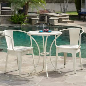 3-Piece White Metal Patio Conversation Set with Round Coffee Table for Porch, Balcony, Poolside