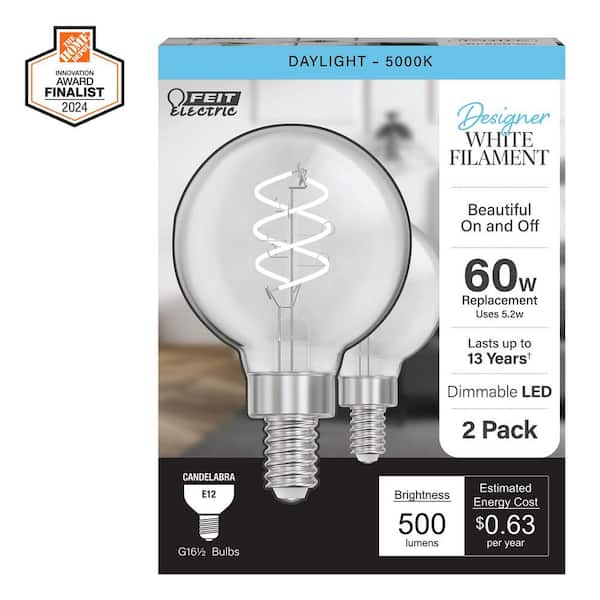 Feit Electric 60-Watt Equivalent G16.5 Double Spiral White Thin Filament Clear E12 Candelabra LED Light Bulb, Daylight 5000K (2-Pack)