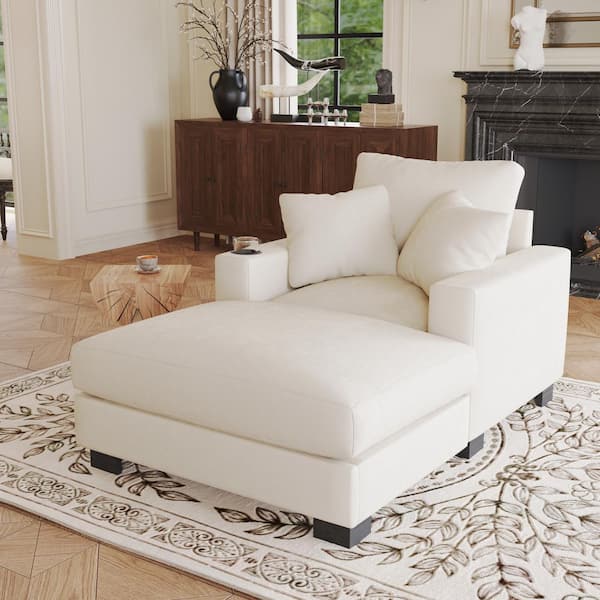 Monica Beige Polyester Upholstered Chaise Lounge with Movable Storage Ottoman, USB Ports, Cup Holders, Pillows