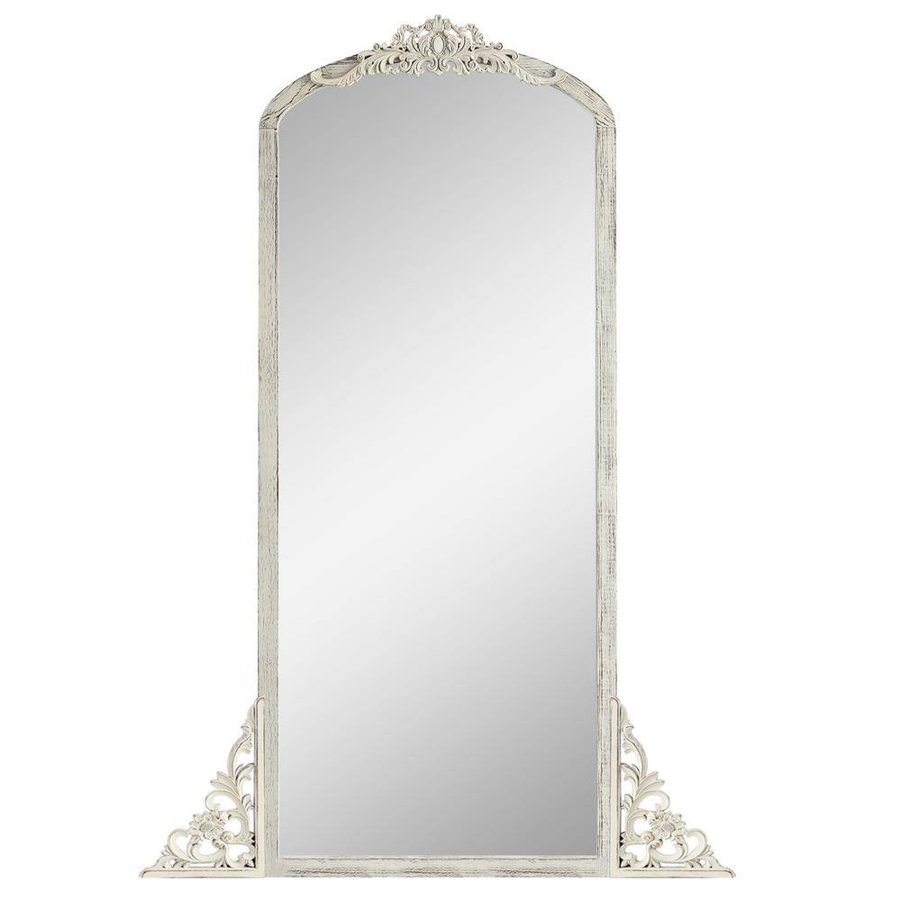 High-Quality White 28 in. W x 67 in. H Rectangle Solid Wood Carved Full Len
