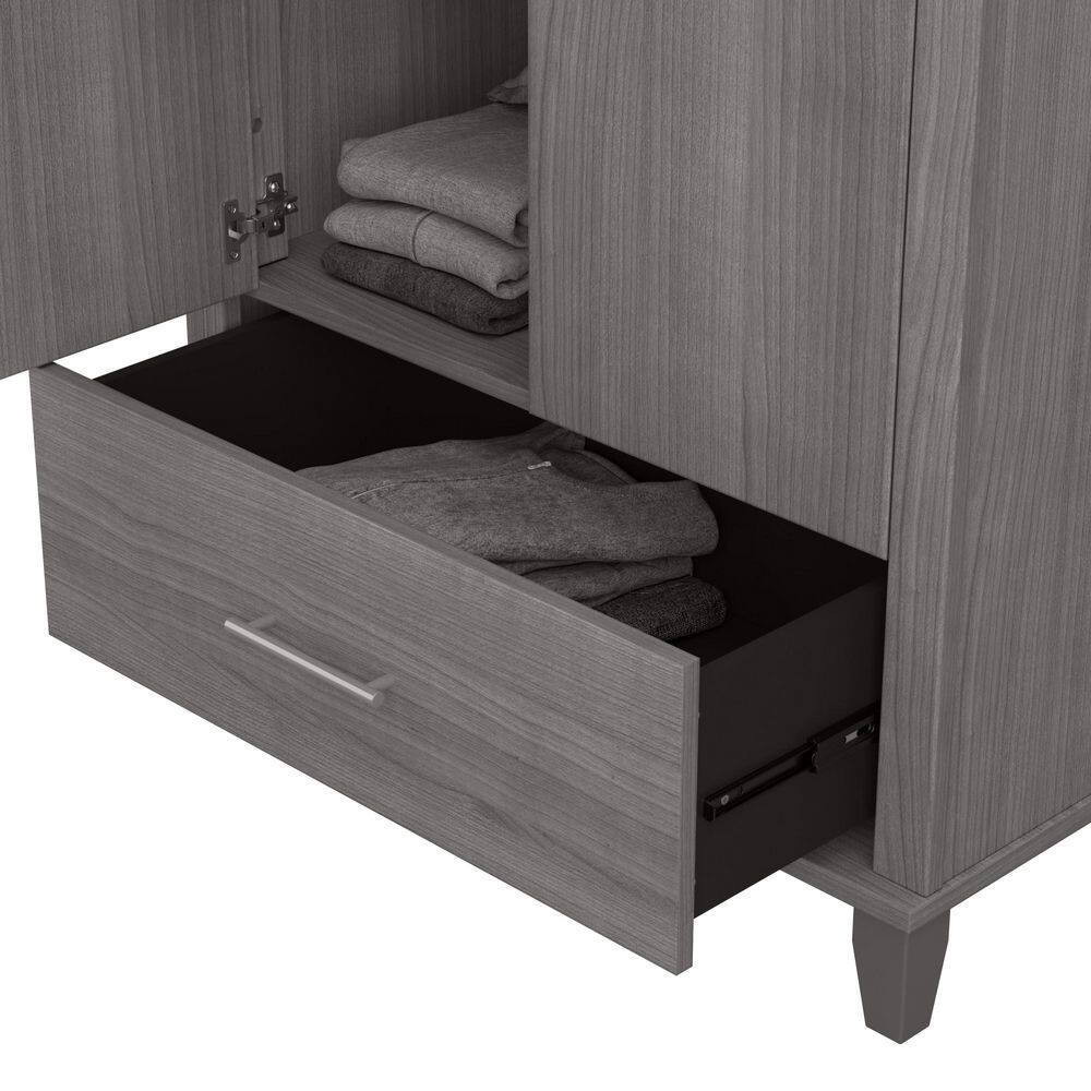 Close-up of the open bottom drawer of the Bush Furniture Somerset Platinum Gray cabinet.