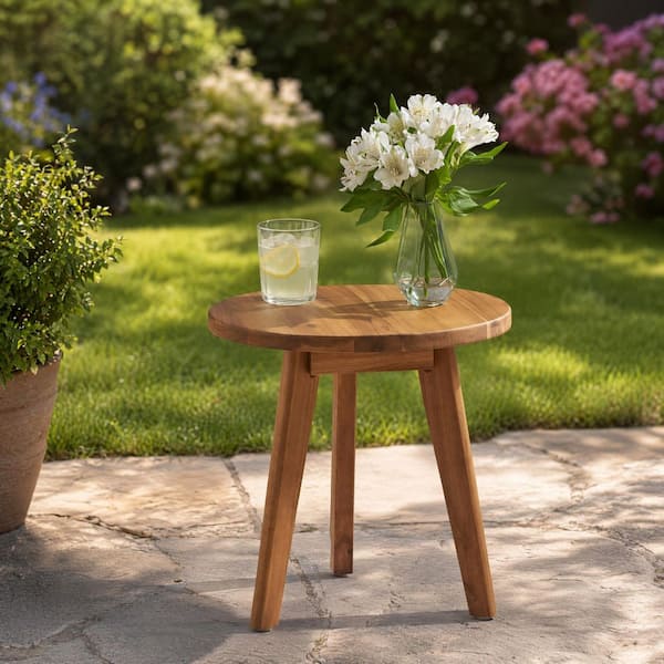 Natural 15.8 in. Round Outdoor Acacia Wood End Table Marina Side