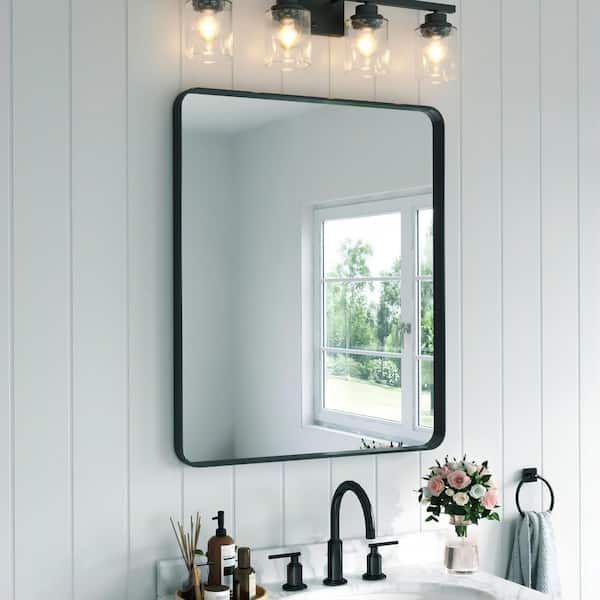 36 in. W x 30 in. H Rectangular Aluminum Framed Wall Bathroom Vanity Mirror in Black