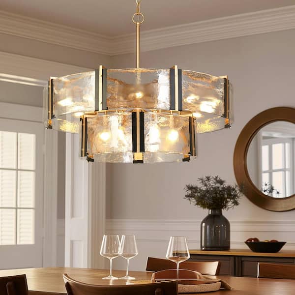 Modern 31.5 in. 15-Light Black and Dark Gold Island Chandelier with 2-Tiered Textured Glass Shade, Kitchen Drum Pendant