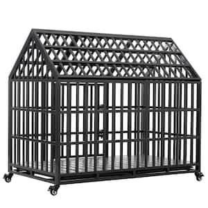 52 in. Heavy Duty Metal Black Dog Crate Dog Kennel for Large Dogs with 1-Front Door, 1-Top Door and 4-Lockable Wheels
