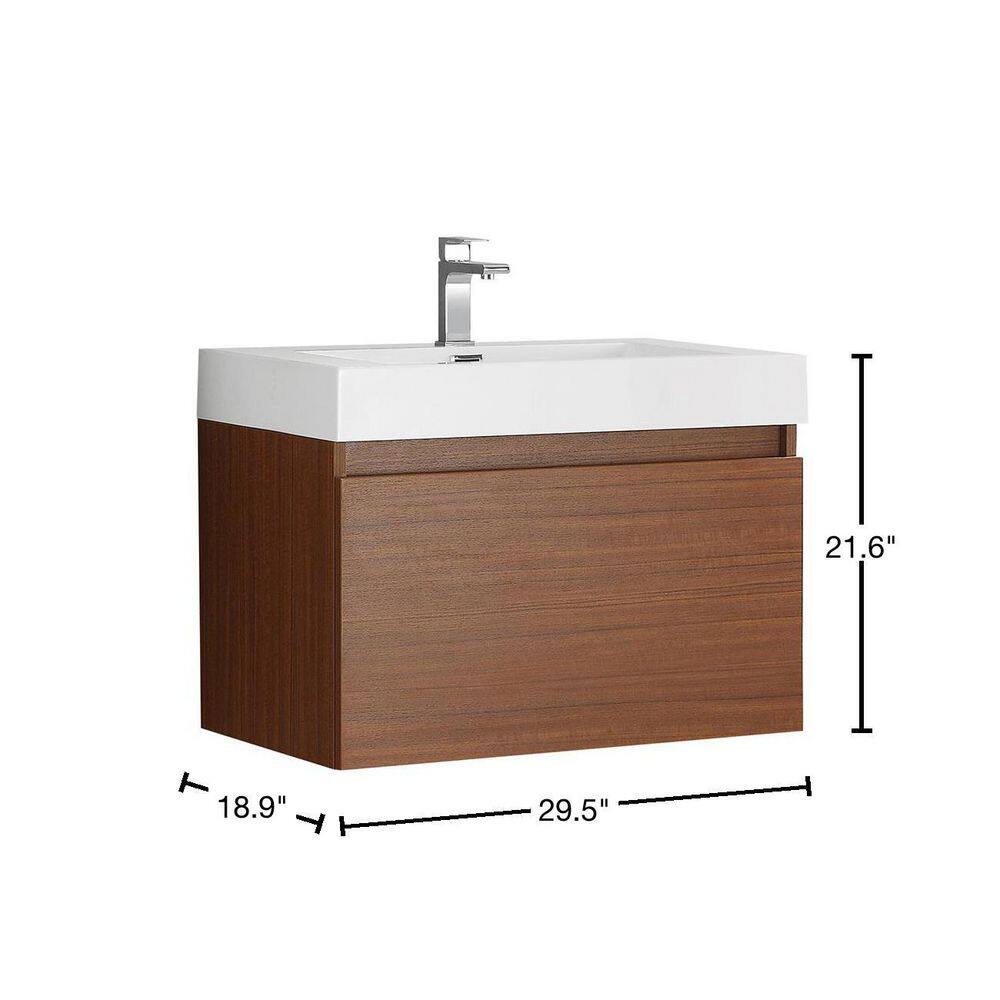 Teak 30" Wall-Mounted Single Sink Bathroom Vanity with Acrylic Top