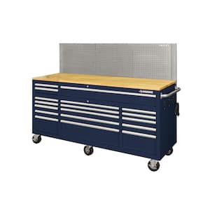 72 in. W x 24 in. D 18-Drawer Standard Duty Mobile Workbench Tool Chest with Solid Wood Top and Pegboard in Gloss Blue