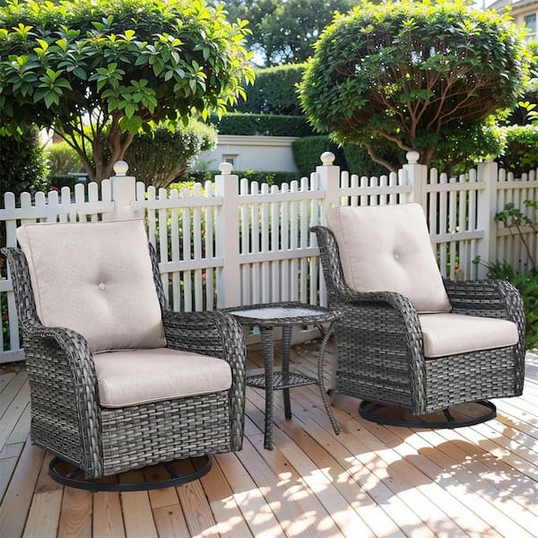 Pocassy Gray 3-Piece Wicker Patio Conversation Deep Seating Set with Beige Cushions All-Weather Swivel Rocking Chairs