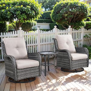 Gray 3-Piece Wicker Patio Conversation Deep Seating Set with Beige Cushions All-Weather Swivel Rocking Chairs