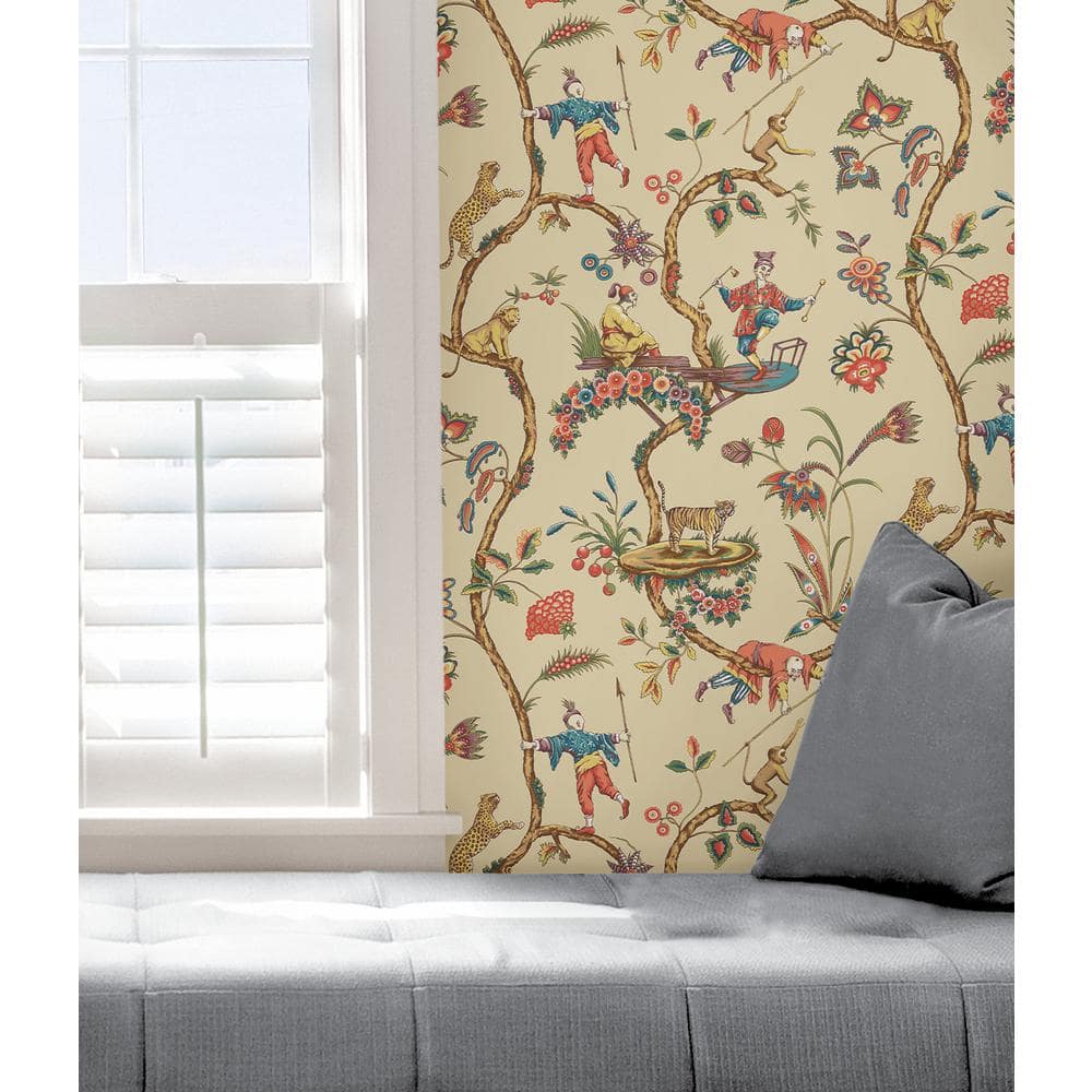 Ecru Chinoiserie Exotic Multicolor Vinyl Peel & Stick Wallpaper