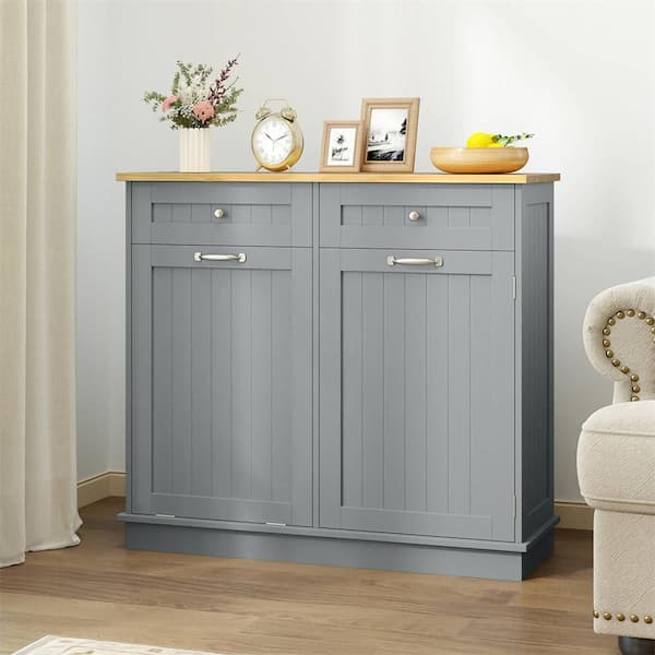 Costway Gray MDF 39.5 in. Wooden Kitchen Sideboard Trash Cabinet