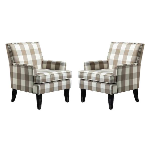 Herrera Contemporary Buffalo Beige Nailhead Trim Armchair with Tapered Block Wooden Feet (Set of 2)