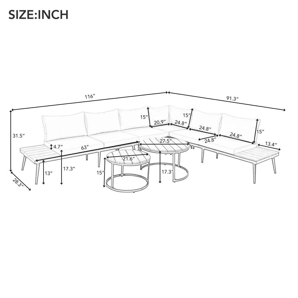 Dimensional diagram of the sectional sofa set with measurements.