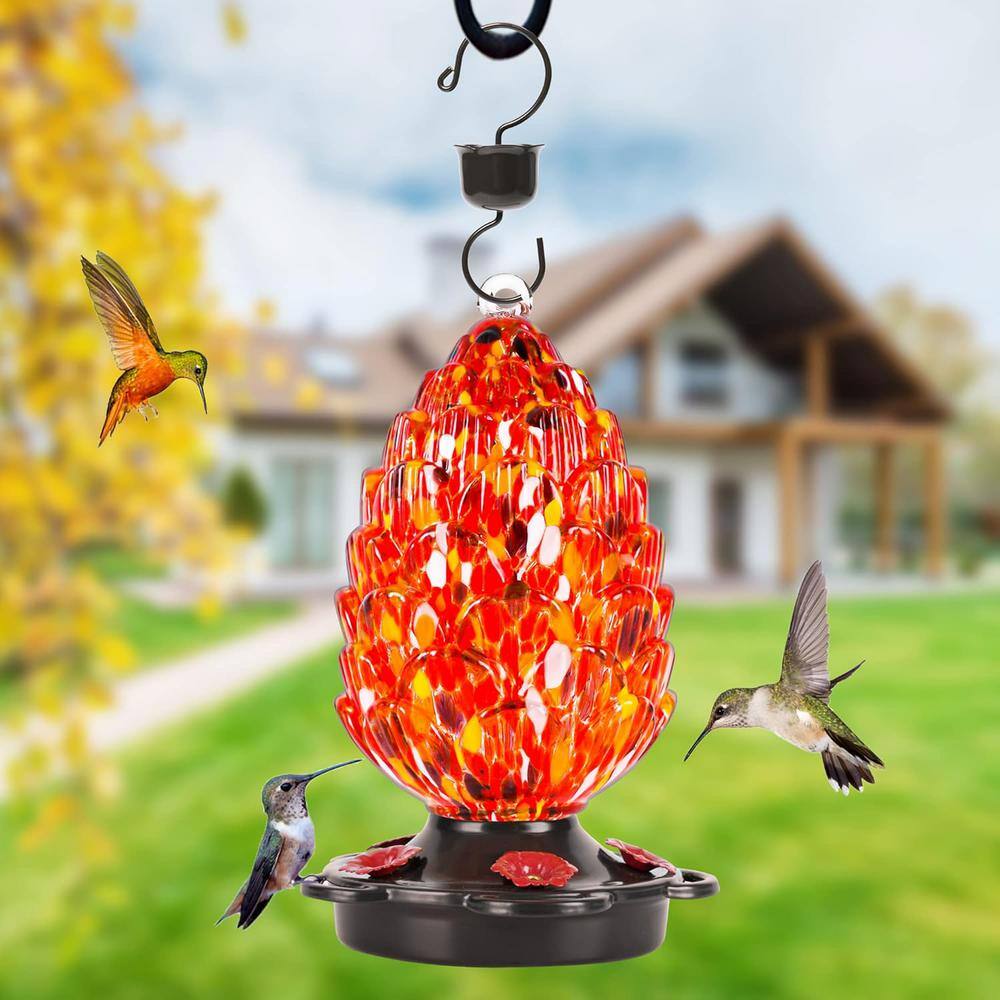25 fl.oz Red Hand Blown Glass Pine Cone Hummingbird Feeder