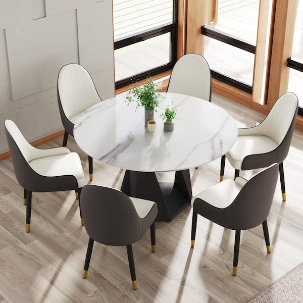 53 in. White Round Sintered Stone Tabletop Black Pedestal Base Kitchen Dining Table (Seats 6)