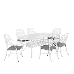 Capri White 7-Piece Cast Aluminum Oval Outdoor Dining Set with Gray Cushions