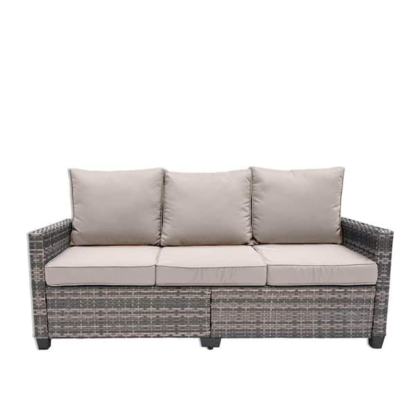 Decksplore 3-Seat Wicker Outdoor Patio Sofa Sectional Couch with Beige Cushions