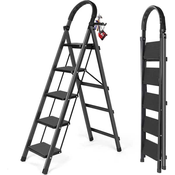 5-Step Iron Portable Step Stool (9 ft. Reach), 330 lb. Load Capacity, with a Shelf and Anti-Slip Wide Pedals