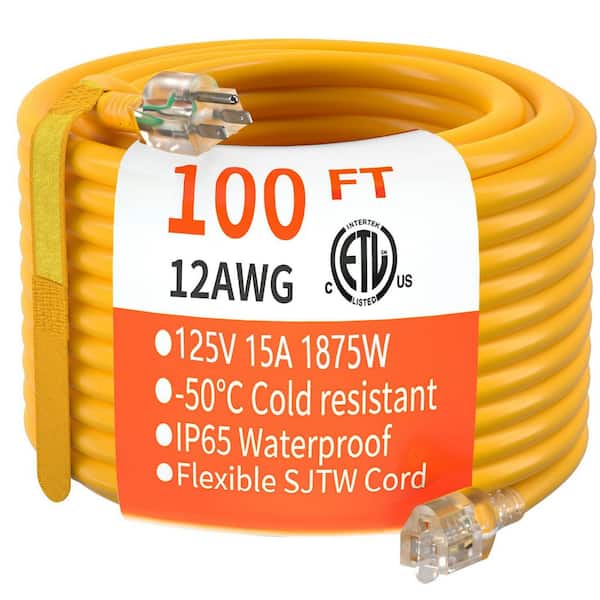 100 ft. 12 / 3 Gauge Heavy Duty Outdoor, 15A 1875W 125V 12AWG with 3 Prong Cord, Flexible Cold Weather, Lighted, Yellow