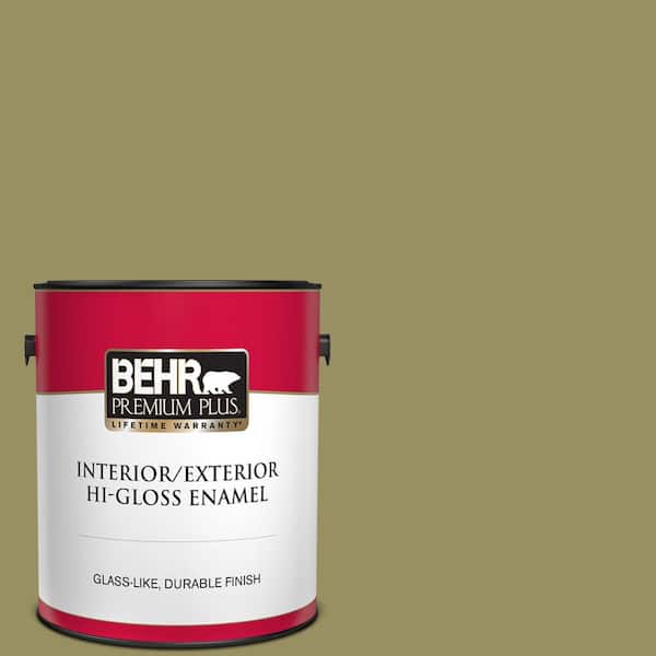 BEHR PREMIUM PLUS 1 gal. #390F-6 Tate Olive Hi-Gloss Enamel Interior/Exterior Paint