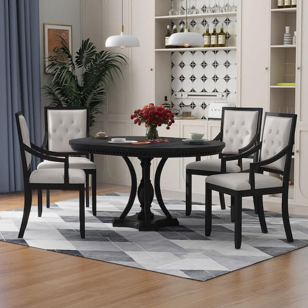 Harper & Bright Designs Farmhouse 5-Piece Black Wood Top Extendable Round Dining Set with Upholstered Armchairs, Beige Seats-4
