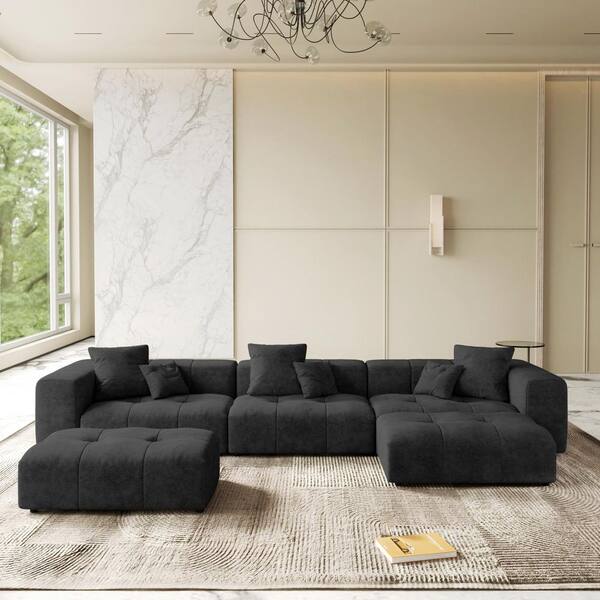 Magic Home 144 in. Oversized Square Arm Linen U Shaped Modular Sectional Sofa 3-Seater with 2-Ottomans in. Black