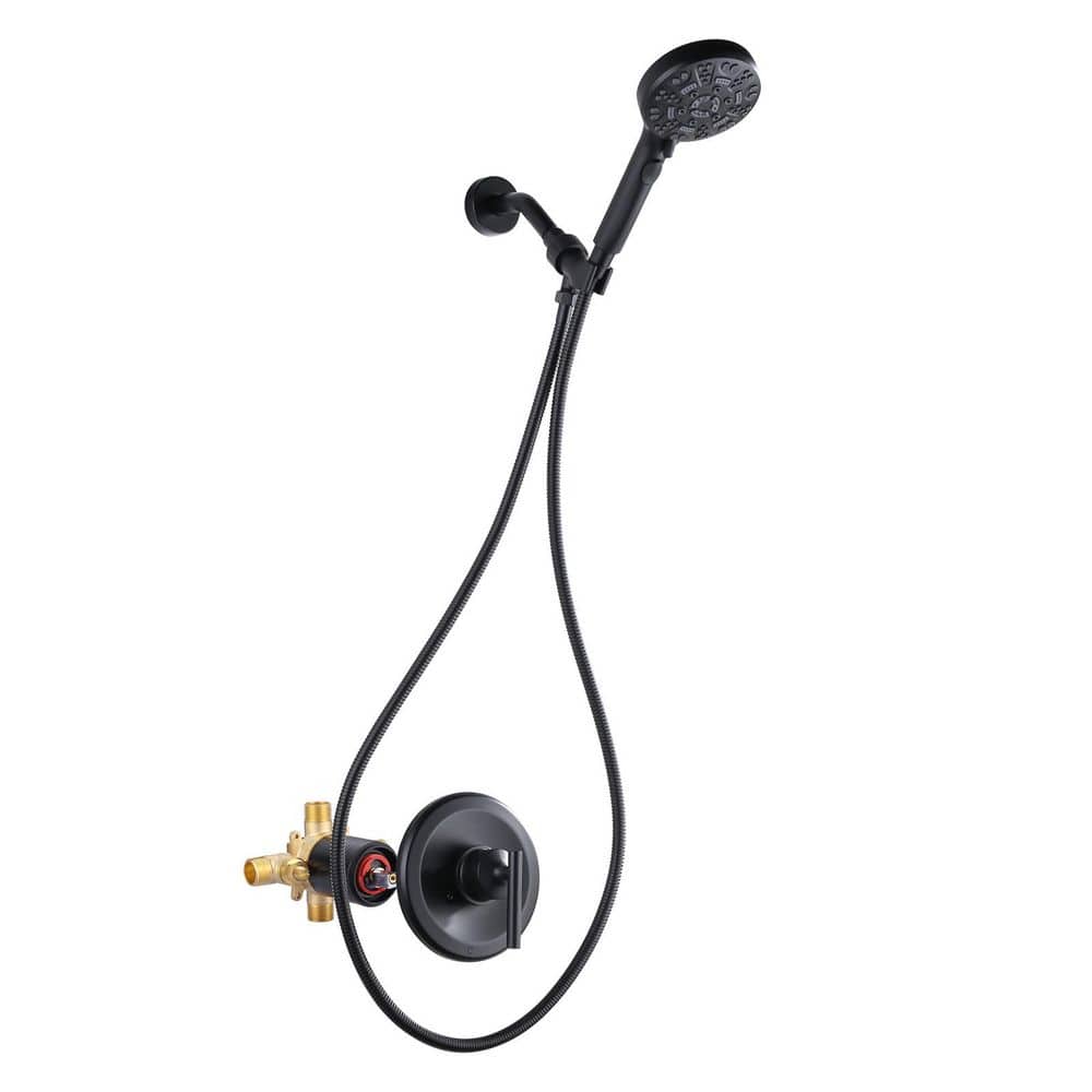 Single-Handle 7-Spray Wall Mount Shower Faucet 1.8 GPM with 70 in. Hose and Rough-In Valve Included in Matte Black
