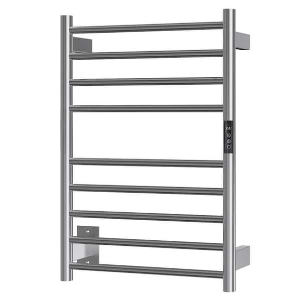 Stainless Steel Wall-Mounted 9-Bar Heated Towel Warmer Rack with Timer and Temperature Control in Brushed Stainless Unit